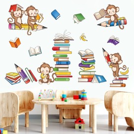 decalmile Monkey Reading Books Wall Decals Animal Educational Wall Stickers Baby Nursery Kids Bedroom Playroom Classroom Wall Decor