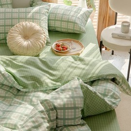 Omela Bettwäsche 135x200 Grün Kariert Microfaser Bettbezug mit Reißverschluss Landhausstil Karomuster Wendebettwäsche Set und Kissenbezug 80x80 cm 2 Teilig