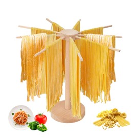 Rotary Pasta Drying Rack, Collapsible Wood Noodle Holder with 9 Bars, Large Homemade Fresh Spaghetti Hanger Stand Kit for Pasta Making, Quickly Assemble Pasta Hanger