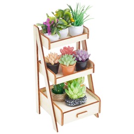 PLIGREAT 11 Pcs Miniature Potted Plants Set with Wooden Shelf, Mini Flowerpot Fake Greenery Ornament, Mini Plant Shelf Kit for Miniature Garden Cute Mini House Dollhouse Decor Fairy Garden Decoration