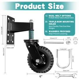 NouraVita Gate Wheel 6-Inch Heavy Duty Fence Gate Wheels for Wooden Gate and Metal Tube Gate, 550lb Capacity, Spring-Loaded 360 Degree Rotation Gate Caster Kit Includes Screws and Screwdriver