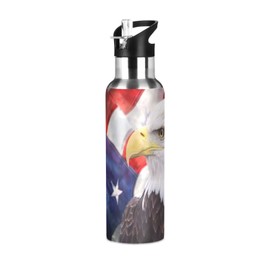 American Flag Water Bottle Kids Bald Eagle Thermos Bottle with Straw Lid Insulated Stainless Steel Water Flask Leakproof for Sport Gym Outdoor 20 oz