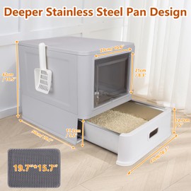 Enclosed Stainless Steel Cat Litter Boxes,Large Foldable Litter Box with Lid,Hooded Covered Stainless Steel Cat Litter Box,Easy Cleaning,No Urine Leakage,Deeper Pan,with Litter Mat