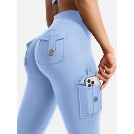 YEOREO CoreFlex Women Workout Flare Leggings with Pockets Hidden Scrunch High Waisted Cargo Gym Yoga No Front Seam Leggings Light Blue L