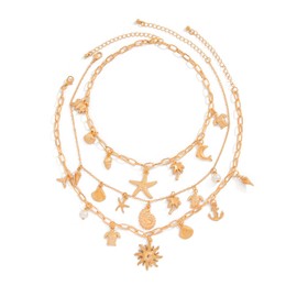 Annpro Bohemian Charm Necklace for Women,14K Gold Plated Starfish Conch Seashell Choker Necklaces Dainty Bow Knot Pendant Neckalce Paperclip Chain Adjustable Beach Holiday Jewelry (C-Starfish-Sun)