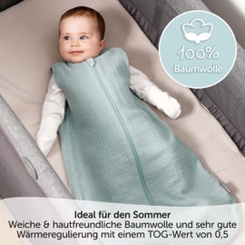 LaLoona Baby Mull Sleeping Bag, 0.5 Tog, Summer Sleeping Bag, Sleeveless, Oeko-Tex Standard 100, 100% Cotton, Mint (110 cm)