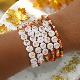 SHINUS BOHO Initial Gold Beaded Flower Fall Bracelet Stack for Women,5PCS Cute Orange Pumpkin Small Beads Stretch Stackable Bracelets Set Fashion Thanksgiving Festival Accessories Jewelry Gift Friendship
