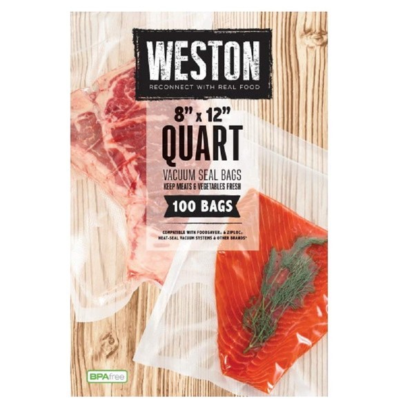 Weston Vacuum Sealer Bags, 2 Ply 3mm Thick, for NutriFresh, FoodSaver & Other Heat-Seal Systems, for Meal Prep and Sous Vide, BPA Free, 8" x 12" (Quart), 100 count, Clear
