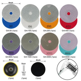 Wellehomi 11 Packs 4 Inch Diamond Concrete Polishing Kit, 50-6000 Grit Wet/Dry Diamond Polishing Pad with Wool Disc, 5/8’’-11 Backer Pad and Drill Adapter for Granite Marble Concrete Stone Tile Polish