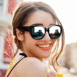 Paukis Over Glasses Sunglasses for Women, Oversized Round Cat Eye Solar Shields Trendy Sun Shades Polarized UV400 Protection - Mirrored Lens