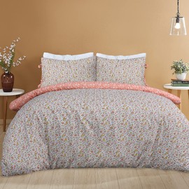 Sleepdown Ditsy Flowers Bedding Set, Pillowcase with Ribbons, Orange/White, 135 x 200 cm