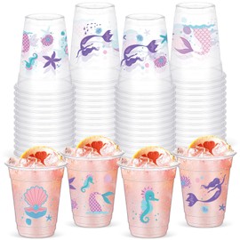 Yaomiao 50 Pieces Mermaid Party Cups Bulk 12 Oz Disposable Plastic Under the Sea Drinking Cups Mermaid Tail Shell Starfish Beverage Mugs for Ocean Birthday Baby Shower Party Supplies (Cute)