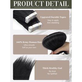 Loxxy Tape in Extensions Human Hair 50g 16inch Straight Natural Black 100% Remy PU Skin Weft for Girl Straight Hair Tape in Hair Extensions Double Sided Invisible Thick End #1B 20pcs