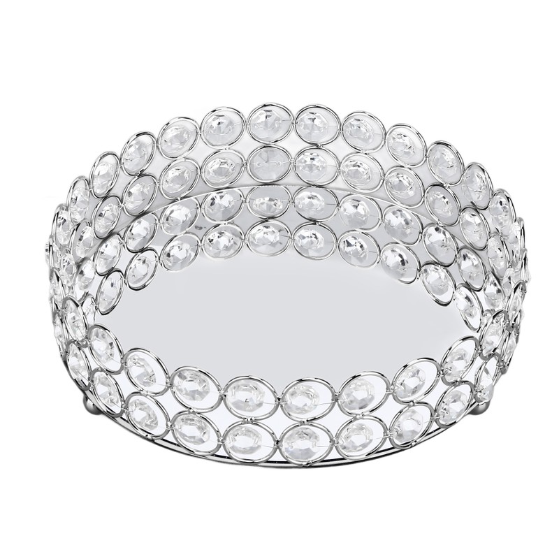 Crystal Cosmetic Makeup Tray 8in Round Display Tray Mirrored Metal