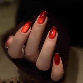 Red Press on Nails Medium Square Fake Nails Shimmer Nails Press ons with Design Reusable Artificial Nail Full Cover Stick on Nails for Women Manicure 24Pcs