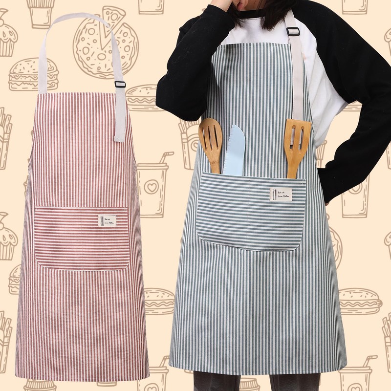 Livdouyu Pack of 2 Striped Kitchen Aprons Women's Adjustable Apron