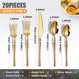 Lemeya 20 Piece Glossy Gold Silverware Set,18/10 Stainless Steel Flatware Set Service for 4,Unique Cutlery Set with Canton Tower Handle,Forks Spoons and Knives Set,Mirror Polished,Dishwasher Safe