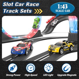 2-in-1 Slot Car Race Track Set with 4 High-Speed Cars, Electric Track, Dual Racing Game with 2 Controllers, Circular Overpass Design Featuring Flash Tracks. Toy Gift for Boys Kids Ages 4-6 6-8 8-12