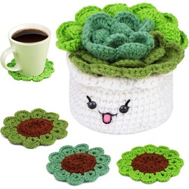 Crochet Kit for Beginners, 3 count Coasters Potted  Crochet Starter Kit for Beginners Adults, Knitting Kit with Step-by-Step Video Tutorials and Crochet Yarns - Color: 3PCS Coasters