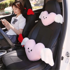 Plush Heart Shaped Pillow Car Neck Pillow with Angel Wings Car Headrest Pillow Soft Comfortable Car Seat Pillow for Driving Travelling Room Office Car Decor, 19.7 x 8.2 Inch (Pink)