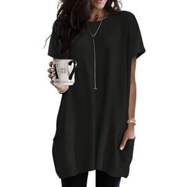 Loose Tops for Women Tunic Short Sleeve Shirts Cotton Loose Fit Tshirt Dress Casual with Pockets Work Plus Outfits Office Casual to Wear with Leggings Black XXXL