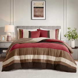 Comfort Spaces King Comforter Set, 3 Piece Luxe Microsuede, Pieced Design Color Block Stripes Bedding Comforter Sets, Winter Soft Brushed Microfiber Reverse, Matching Shams, King/Cal King, Red