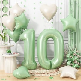 Balloons Number Balloons Birthday 10 Years 40 Inch Big Number 10 Heart Star Star Foil Balloons Set of 10 Decoration Anniversary Party Girls Boys Olive Green Green Dull White