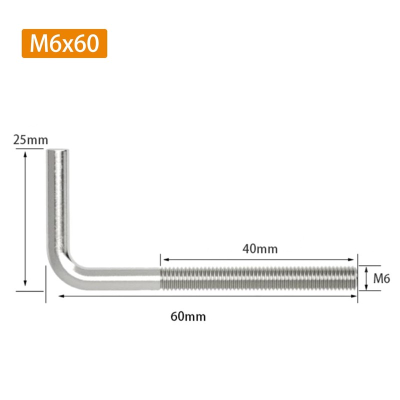 (20 Pieces) M6x60mm L Shape Foundation Bolts 304 Stainless Steel