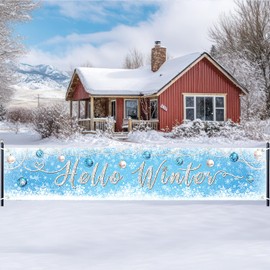 Lecheme Winter Wonderland Banner 8x2ft Hello Winter Banner Backdrop Large Blue Snowflake Fence Banner Outdoor Winter Decorations Winter Wonderland Yard Decorations