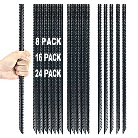 IHOSHENG 16 Inch Ground Rebar Stakes Heavy Duty Steel Ground Anchors for Outdoor, Straight Metal Stakes with Chisel Point end, Black Powder Coated (24)