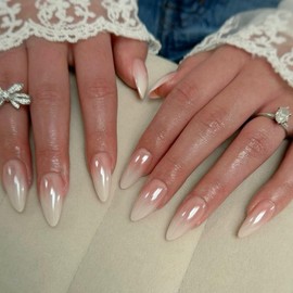 Glazed Donut Coral Pink Press on Nails Almond Shaped, SXVME Ombre Pink Glue on Nail Medium Acrylic Fake Nails, Full Cover Chrome Nails Press ons, Reflective Shiny False Nail for Women 30Pcs