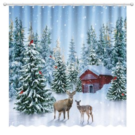 Fitumiw Winter Christmas Shower Curtain 72" x 72" Winter Snowy Forest Pine Trees Home Bathroom Decorations Deer Winter Wonderland Farmhouse Bathtub Curtain Set with 12 Hooks
