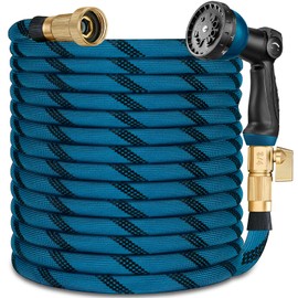 50 ft Garden Hose – 2025 Upgarded Lightweight & Flexible Garden Hose with 10-Function Spray Gun, Heavy-Duty Strength 3750D, Pure Brass 3/4” Fittings – Lightweight, Durable, and Kink-Free(Blue Black)