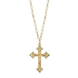 1928 Jewelry Women's Gold Tone 4mm Faux Pearl Chain Crucifix Cross Pendant Necklace 16" + 3" Extender