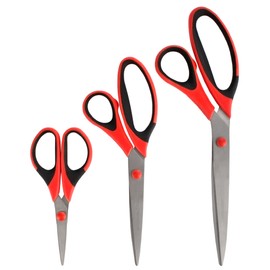 BambooMN Titanium Softgrip Scissors Set Sewing, Arts, Crafts, Office - 1 Set of 3 - Red w/Black Inlays
