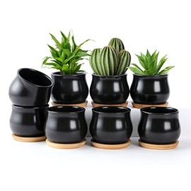 8 Pack Succulent Plant Pot, SHECIPIN Matte Black Mini 2.6 inch Ceramic Flower Planter Pot with Bamboo Tray, Small Pots for Plants, Plants Not Included