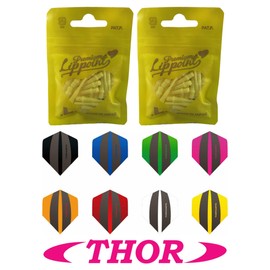 THOR-DARTS L-Style Dart Tips in Double Pack Flights (2 x 30 Pieces + 1 Set Flights) Yellow Premium ShortLip 2BA Standard Thread, Plastic Soft Tip Dart Points (Pack of 60) 2BA Thread