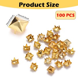 100 PCS Gold Square Rivets 15mm Pyramid Studs Metal Punk Rivets Nail Head Studs for Leather Craft Bags Belt Shoe Decorative DIY Projects Clothing Jeans