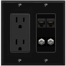 Wall Plate City 2 CAT6 2 COAX Port Wall Plate Black w Power Outlet
