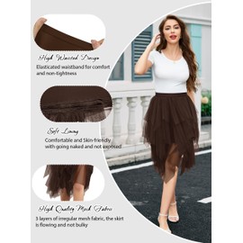 Wikoan Women's Tulle Skirt Multilayer Mesh Pleated Ladies Skirts Stylish Midi Skirts Irregular A-line Prom Party Skirt Dark Brown,M
