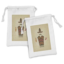 Lunarable Mustache Fabric Pouch Set of 2, Mexican Conceptual Elements of Tequila with Lime Poncho and Chili Pepper, Small Drawstring Bag for Toiletries Masks and Favors, 9" x 6", Multicolor