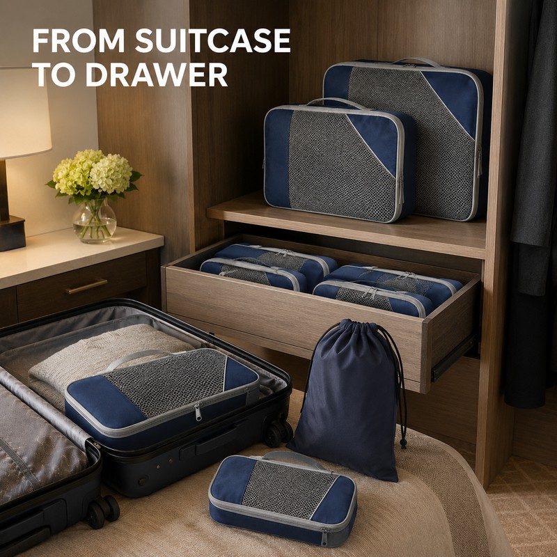 6-Piece Travel Compression Packing Cube Set with Mesh Panels and
