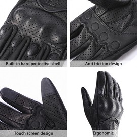 Hassidanzar Men's Motorcycle Gloves Goatskin Full Finger Perforated Design Touch Screen Summer Motorcycle Gloves CM043USA, Black,Size XX-Large