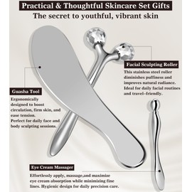 Face Roller, Large Stainless Steel Metal Guasha & Eye Cream Applicator Facial Tool Set Eye Massager Lymphatic Drainage Gua Sha for Face Neck