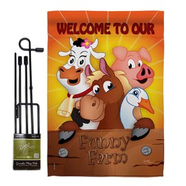 Breeze Decor Funny Farm Garden Flag Set with Stand Barnyard Cow Horse Rooster Farmhouse Pet Nature Animal Creature House Decoration Banner Small Yard Gift Double-Sided, Imported