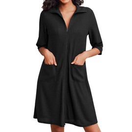 Ekouaer Waffle Weave Lightweight Bathrobe Zipper Robes for Women with Pockets Summer Bath Robes