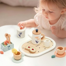 PairPear Teeservice Holz Kinderküche Tee Set Holzspielzeug Teeparty-Set für Kinder küchenzubehör kinder holz Geschenk für Mädchen Jungen ab 3 jahre Wooden Toy Tea Party Set