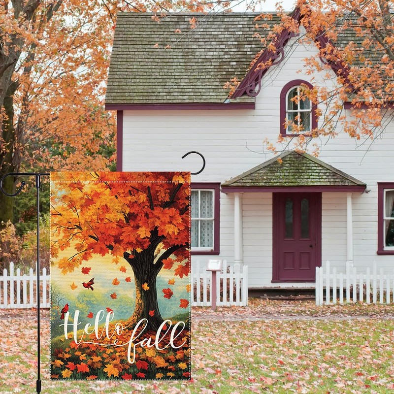 Hello Fall Maple Tree Garden Flag Decor for Outside, Double