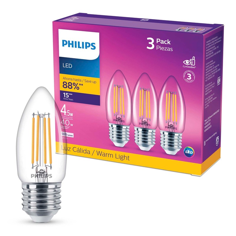 Philips LED Vela luz cálida 4.5W 40W base E27 3pack