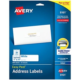 Avery Mailing Address Labels, Inkjet Printers, 500 Labels, 1 x 4, Permanent Adhesive, 5 Packs (8161)